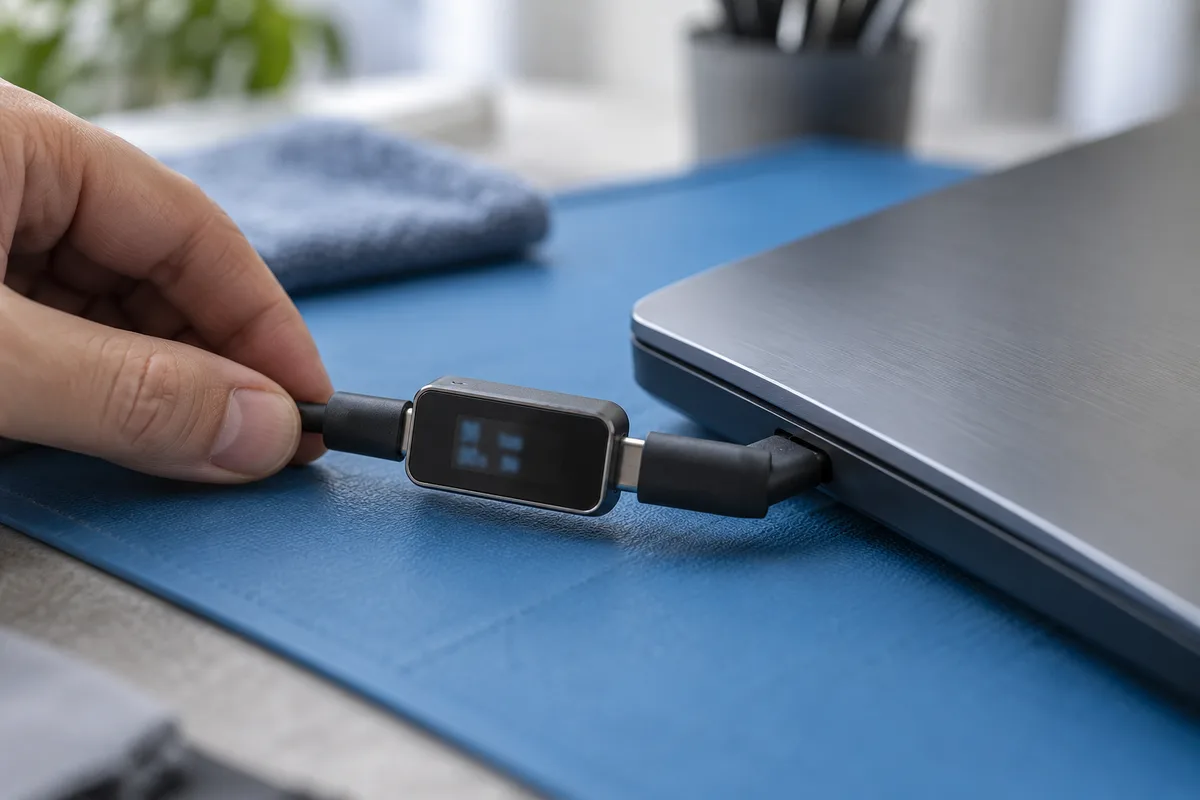 Kabel připojený přes USB-C měřič k zavřenému notebooku.