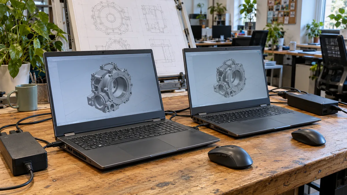 Ilustrační dvojice otevřených mobilních pracovních stanic vedle technického výkresu, externí myši a napájecích adaptérů na pracovním stole.