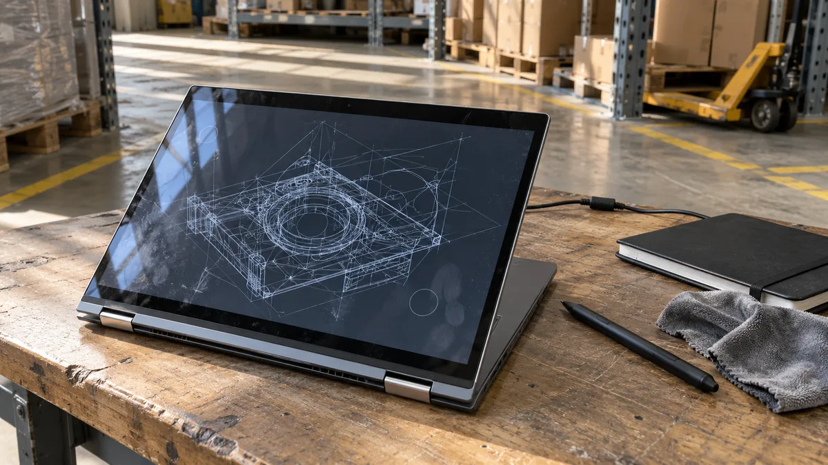 Ilustrační konvertibilní notebook postavený do stanu vedle digitálního pera, čisticí utěrky a zápisníku na dřevěném stole ve skladu.