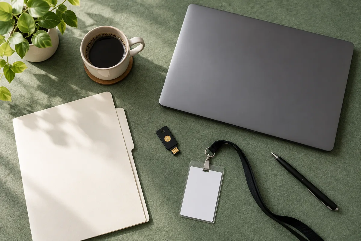 Zavřený notebook, USB bezpečnostní klíč, složka a prázdná identifikační karta na stole.