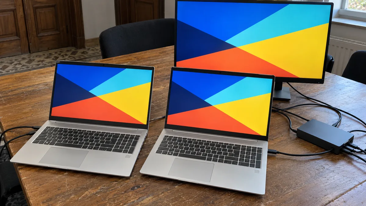 V kancelářské zasedačce zachytit nízkým bočním záběrem okamžik, kdy se po přepojení USB‑C doku právě rozsvítí externí monitor; vedle něj stojí dva otevřené 15,6" firemní notebooky se stejným testovacím obrazem, bez…