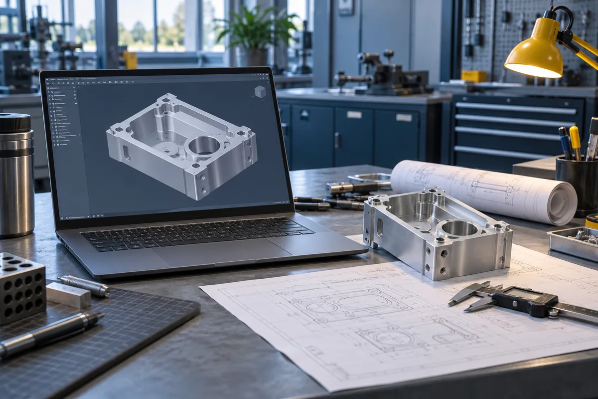 Notebook s ilustračním CAD modelem vedle výkresu, kovového dílu a posuvného měřítka.