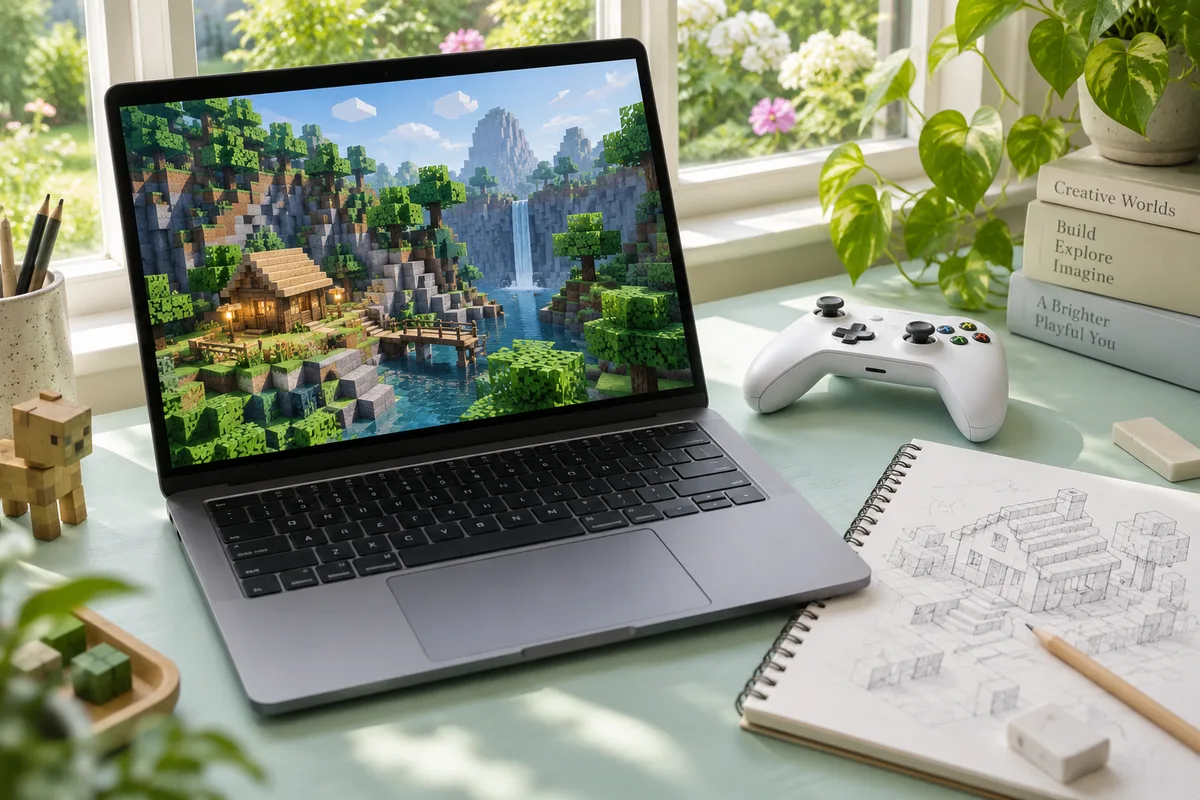 Ilustrační notebook s vlastní blokovou herní krajinou, ovladačem a poznámkami u okna.