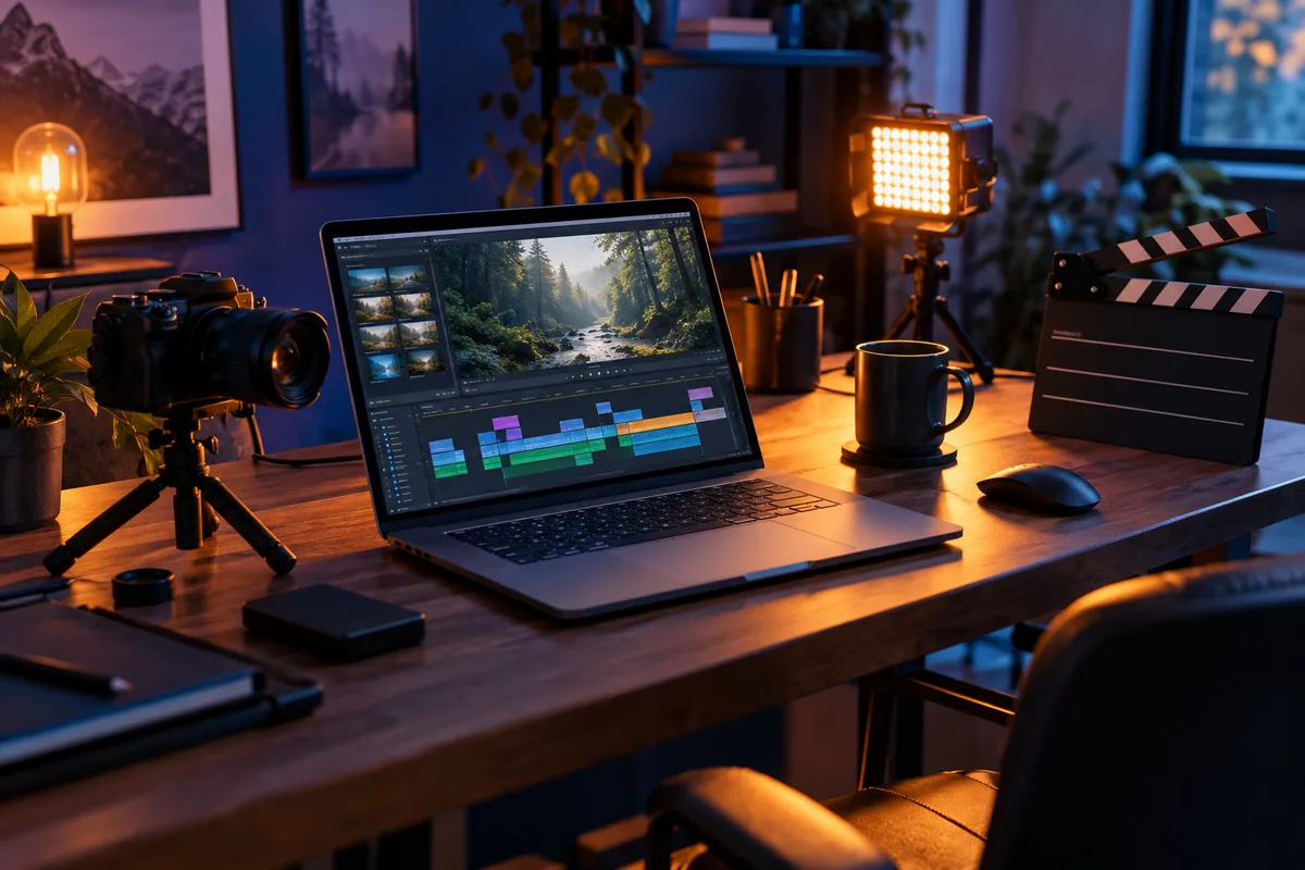 Notebook s ilustračním video editorem, kamera, filmová klapka a světlo ve studiu.