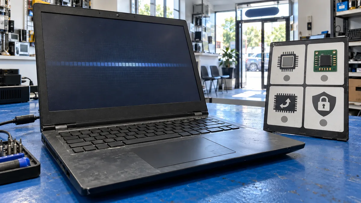 Ilustrační repasovaný notebook vedle kontrolního seznamu procesoru, TPM 2.0, UEFI a Secure Boot na modrém pracovním stole.