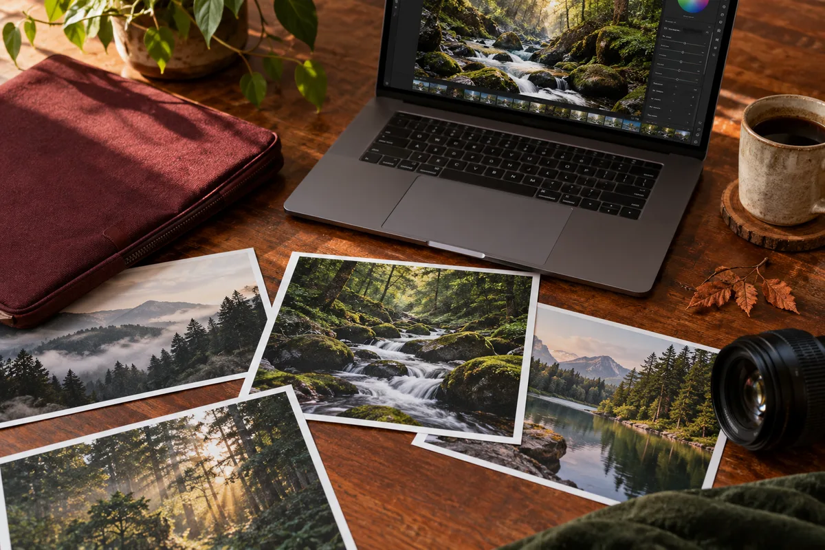 Notebook s fotografickým editorem, vytištěné krajiny a objektiv na dřevěném stole.
