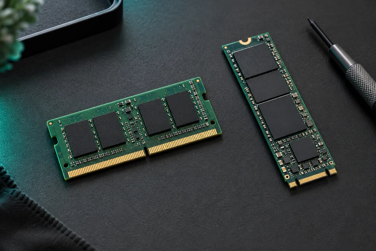 Modul paměti SO-DIMM a M.2 SSD na antistatické podložce.