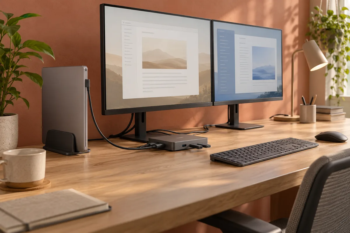 Dva monitory, dokovací zařízení a uzavřený notebook ve stojanu.